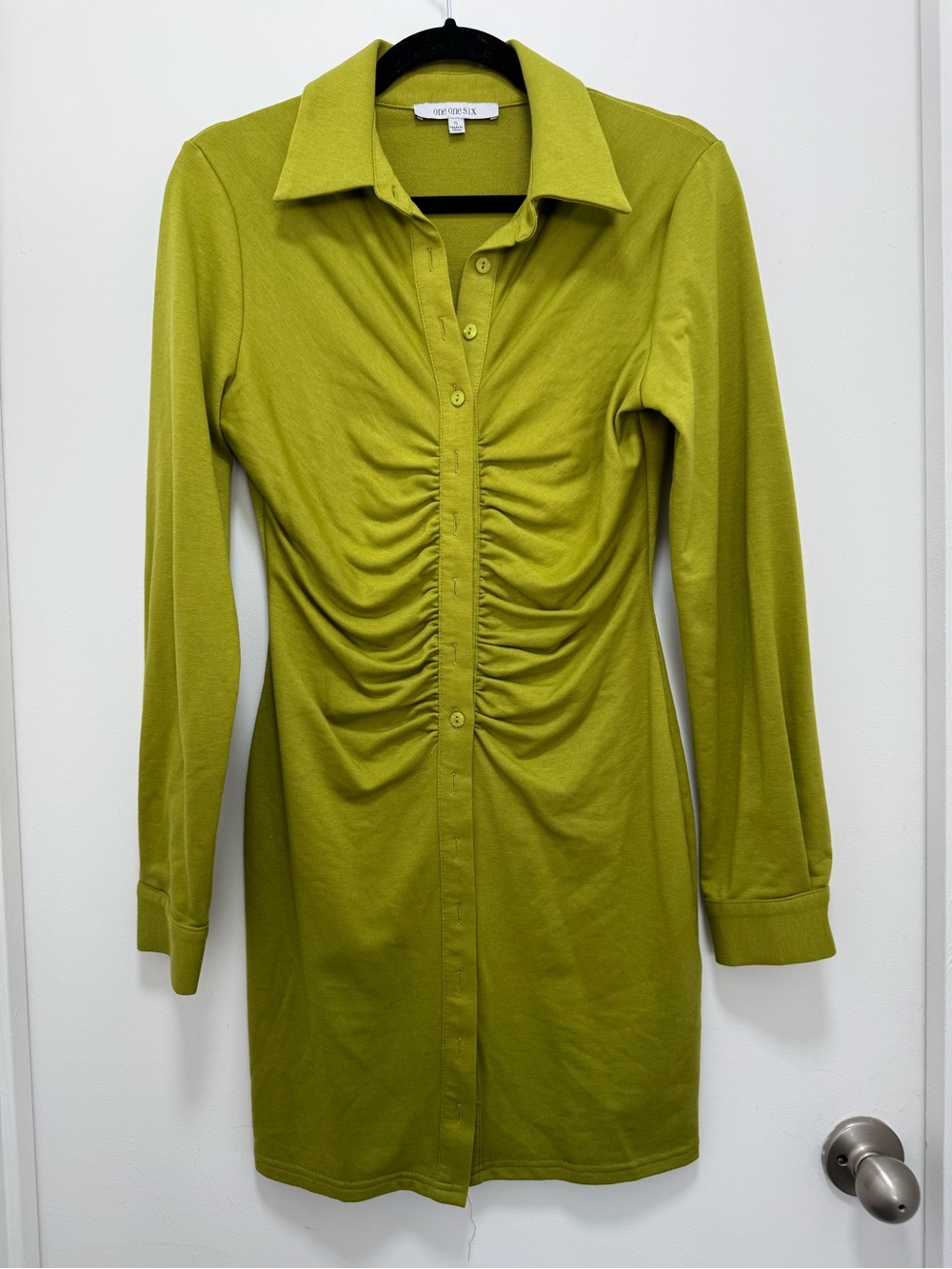 Long-Sleeve Ruched Shirt Dress in Olive Green
